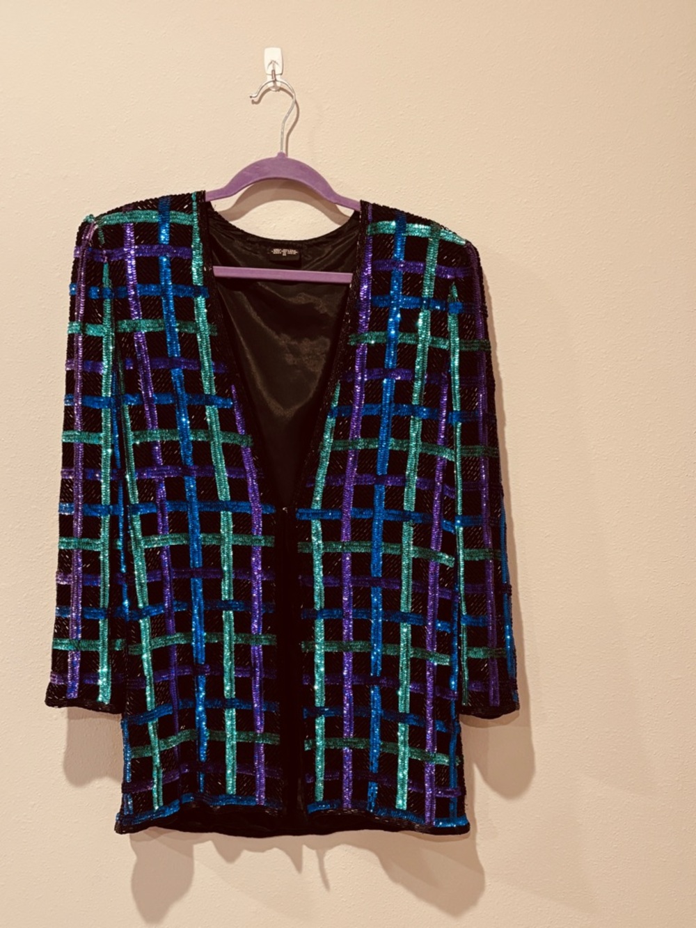 Niteline Della Roufogali Sequin Plaid Open-Front Blazer Blue Purple Accents Silk